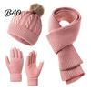 Elastic Stretch Thermal Protection for Daily Commute Winter Hat Scarf Gloves Set, Knitted Pom Warm Fuzzy Ball with Gloves, Solid Color Cozy