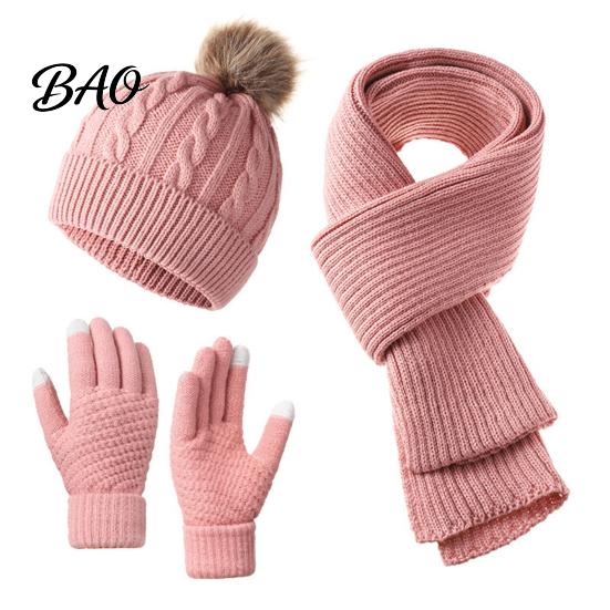 Elastic Stretch Thermal Protection for Daily Commute Winter Hat Scarf Gloves Set, Knitted Pom Warm Fuzzy Ball with Gloves, Solid Color Cozy