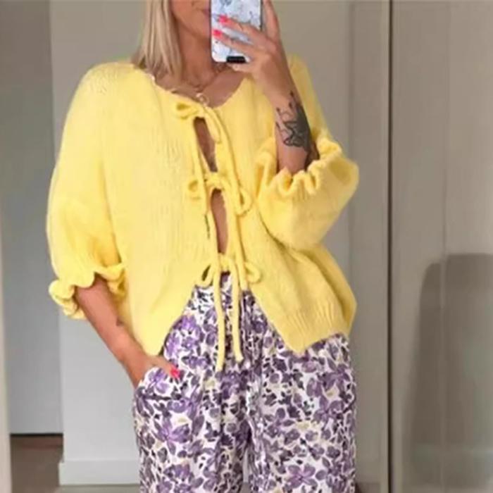 Solid Color Ruffles Three-quarter Sleeves Cardigan Women‘s - Knit Sweater Drawstring Open Front