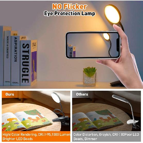Cordless Rechargeable Clip On Desk Lamp Thick Flexible 360° Gooseneck | 450 Lumen Eye Protect Light,30 Custom Lighting Modes,5-30H Long Life Battery