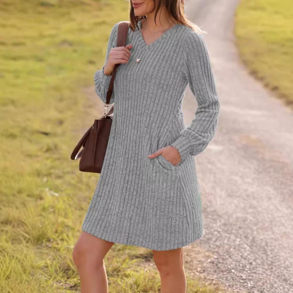 HNXC Women's Fashion Autumn Winter Solid Color Print Long Sleeve V-Neck  Casual Dresses