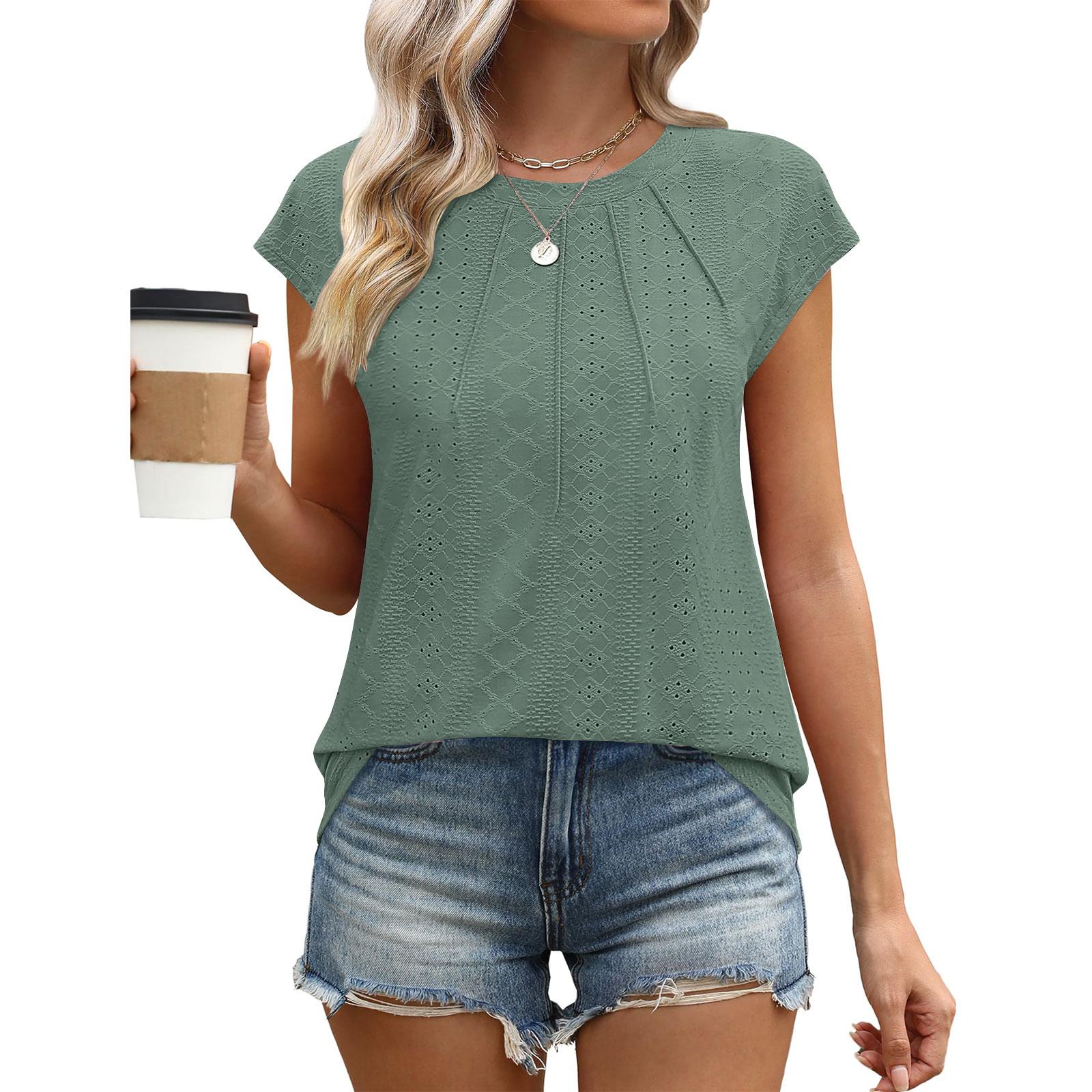 Women s New Arrival Fashionable Oversized Neck Eyelet Lace-Up Color T-Shirt Casual Short Sleeve Top M