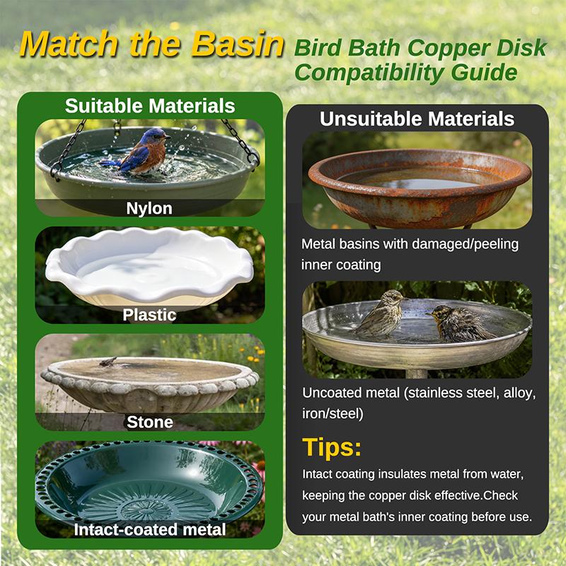 Bird Bath Copper Disk, 0.6mm Thick with Stable Triple-Point Support, All-Season Use, Universal Fit for Outdoor Birdbath
