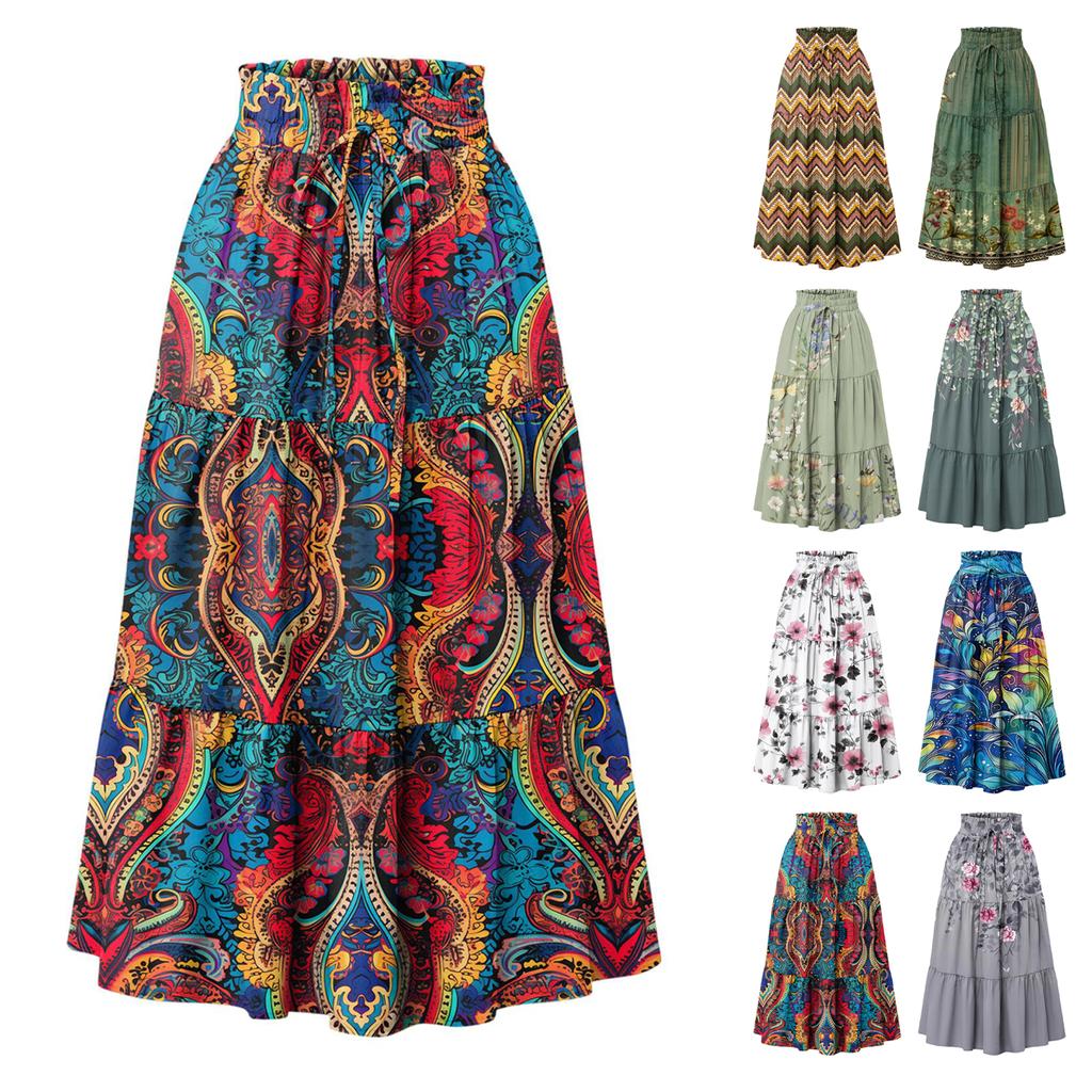 Maxirock für Damen mit Kordelzug, hohe Taille, lange Sommerröcke, leicht, gestuft, fließend, geblümt, Faltenröcke
