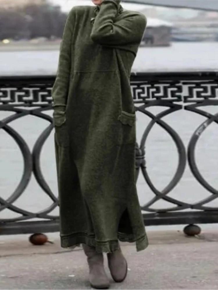 Yeni Sonbahar ve Kış Gevşek Uzun Etek Artı Kadife Sweatshirt Günlük Elbise Kadın Moda Düz O Yaka Uzun Kollu Tatil Elbisesi