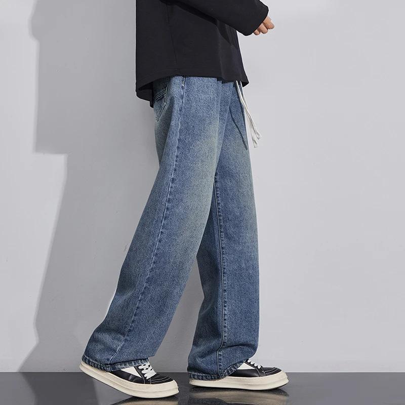 Washed Drawstring Elastic Waist Jeans Men's and Women's Loose Wide Legs Spring and Summer Micro-pull Retro Straight Long Pants