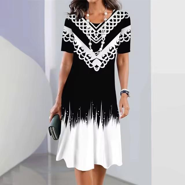 Elegantes Damen-Sommerkleid mit 3D-Geometrie-Streifenmuster, kurzärmelig
