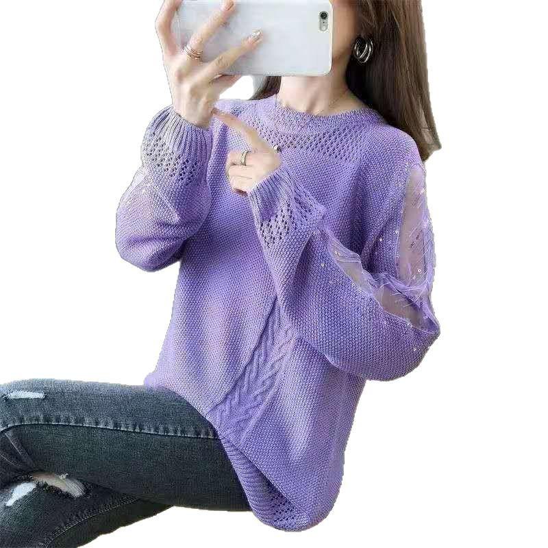 Hollow Lace Knitted Sweater for Women In Spring and Autumn Loose Long Sleeved Base Shirt for Women