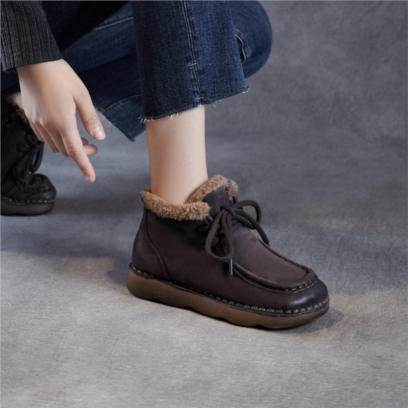 Johnature Zimowe Grube Pluszowe Ciepłe Bawełniane Buty Skóra Naturalna Retro Wygodne Miękka Podeszwa Damskie Płaskie Botki