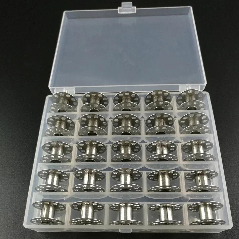 25PCS Sewing Machine Empty Bobbins Metal Sewing Machine Thread Spools Empty Thread Spools Plastic Storage Box Home Sewing Tools