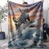 Cat Riding a Shark Throw Soft Flannel AC Blanket Lightweight Summer Nap Throw Cozy  Blanket for Sofa Bed Travel Home