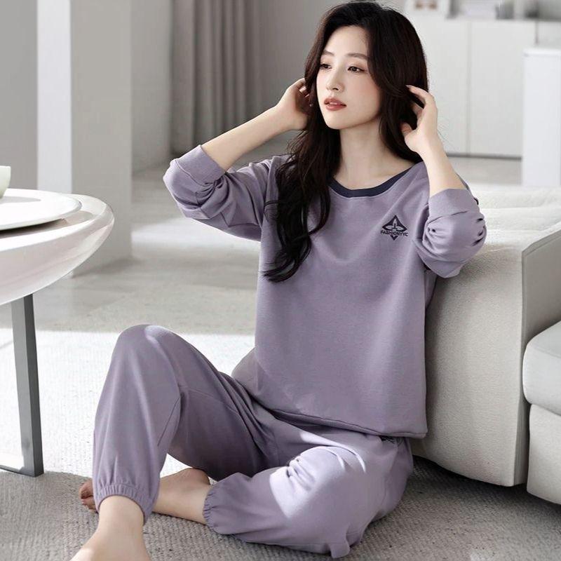 Dámské pyžamo z čisté bavlny - Jarní/podzimní jednobarevné, kulatý výstřih, dlouhý rukáv, volné, ležérní, pohodlný domácí oděv.