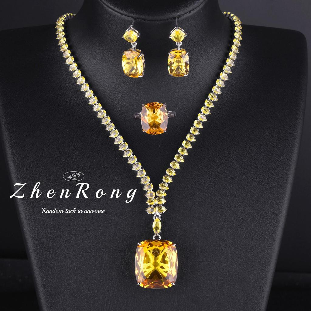 Conjunto Colar Topázio Água Marinha 20 Quilates, Anel Paraíba e Brincos Diamantes Azul Royal-Amarelo