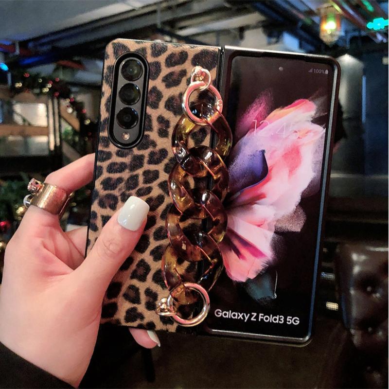 Luxus Leopard Print Pu Leder Telefon Fall Für Samsung Galaxy Z Fold 4 3 5g Abdeckung Mit Handgelenk Strap für Frau Mädchen