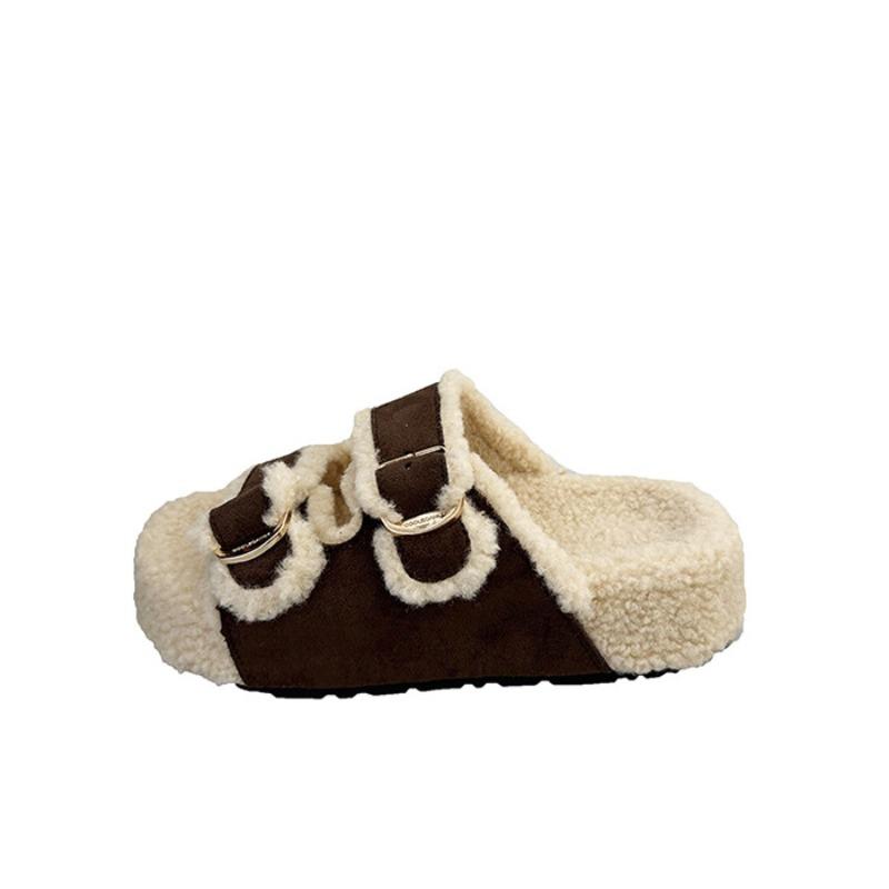 Thick-bottomed fluffy slippers for women to wear new autumn and winter one-word drag fluffy home cotton slippers