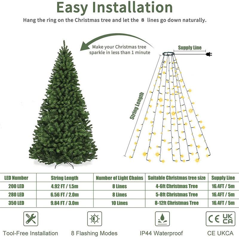 200/280LED Star Waterfall Light Outdoor Fairy String Light Christmas Tree Circular Top Light for Home Navidad Natal New Year2026