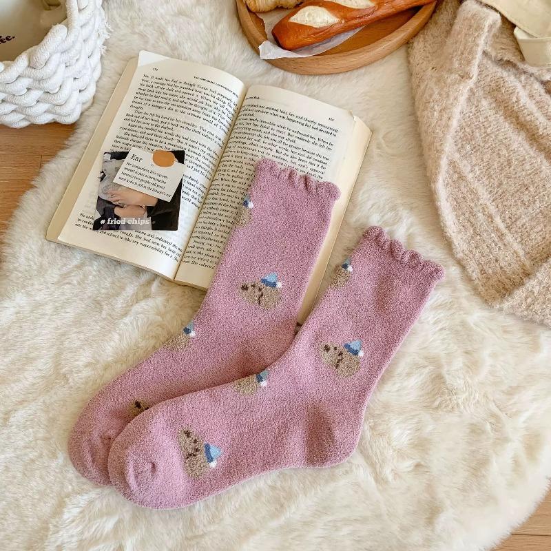 

Женские осенне-зимние утолщенные теплые носки до середины икры из австралийской шерсти, домашние носки для пола, носки с махрой, модные носки-тортики персиковый