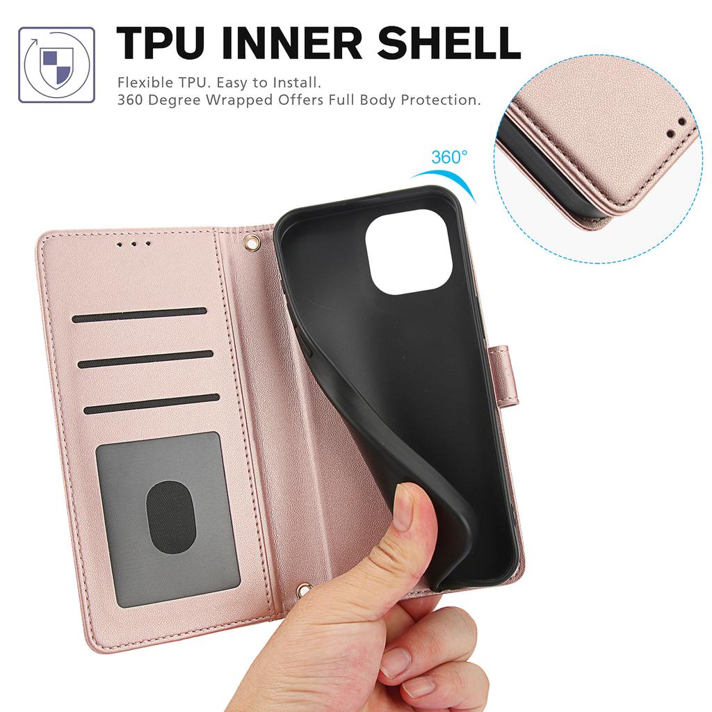 SY-003 For iPhone 14/13 Case PU Leather Stand View Phone Wallet Cover with Hand Strap