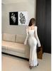 French 3D Floral Ribbon Long Sleeve Lace Fishtail Evening Dress for Women - Autumn Elegance.