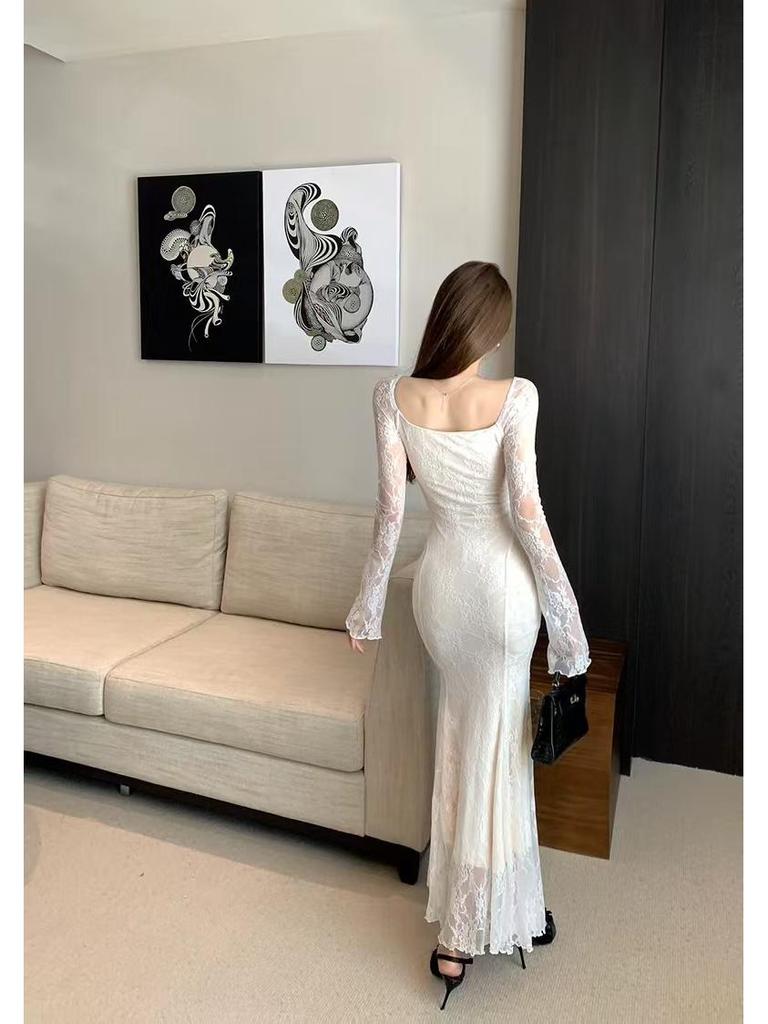 French 3D Floral Ribbon Long Sleeve Lace Fishtail Evening Dress for Women - Autumn Elegance.