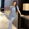 French Swing Collar Slanted Shoulder High Waist Dress Summer New Irregular Design Pleated Temperament Long Dress Women