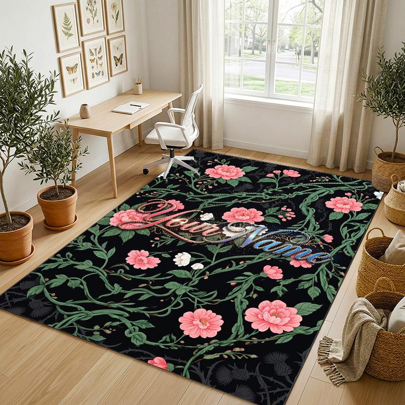 Floral Theme Soft Crystal Velvet Rug Custom Name & Text Print Non Slip Floor Rug for Bedroom Living Room