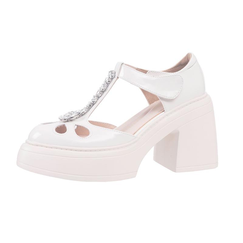 10CM fashionable rhinestone T-strap super high heels 2025 summer new thick-soled thick-heeled bag head sandals small leather shoes