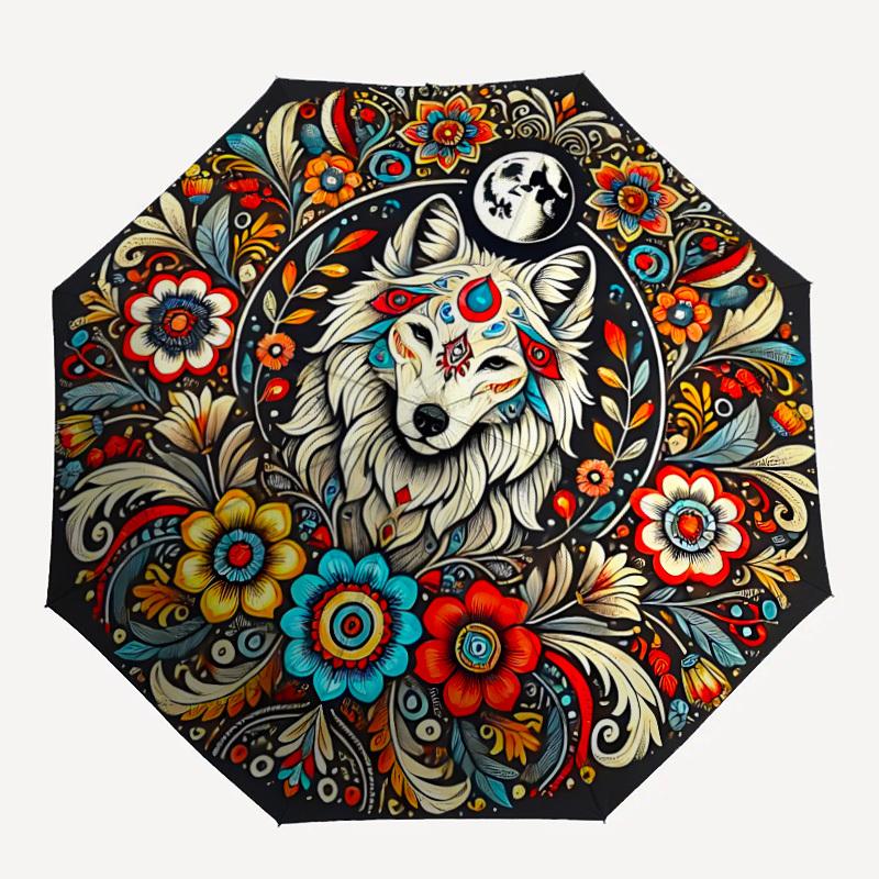1pc Wolf Mandala Automatic Open/Close Umbrella - Portable Collapsible Umbrella with 8-Rib Stability, Fashion Lovers Yy251017104