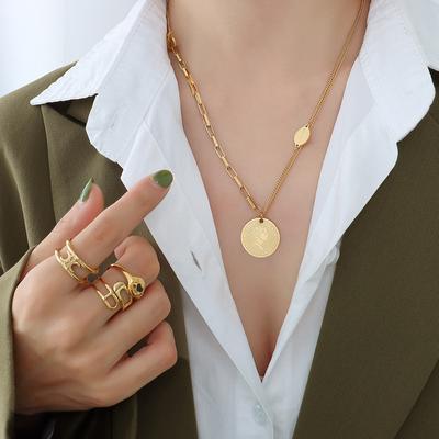French Style Splicing Chain Portrait Round Brand Necklace Hip-Hop Ot Buckle Design Titanium Steel Plated 18K Gold Jewelry P092