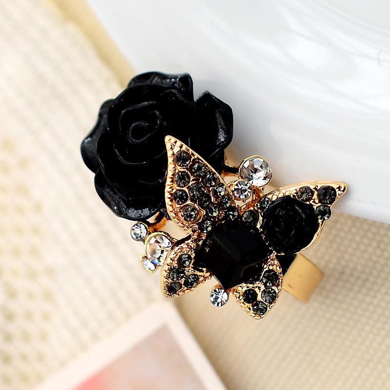 European & American Retro Butterfly Ring: Crystal Rose Flower Open Ring, Bohemian Style for Women