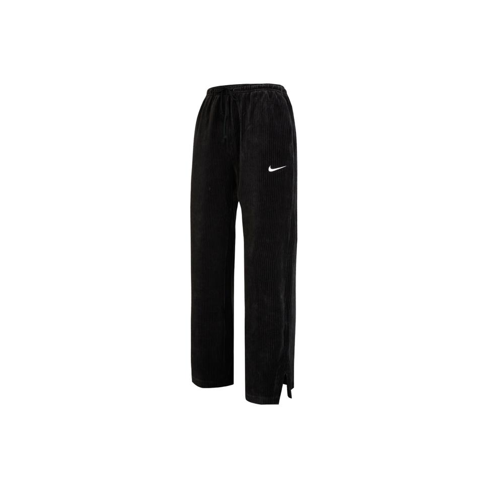 Nike Solide Logo-Print Cordhose Weite Beine Lange Hose Gespaltene Sporthose Damen Hose Schwarz DQ5922-010