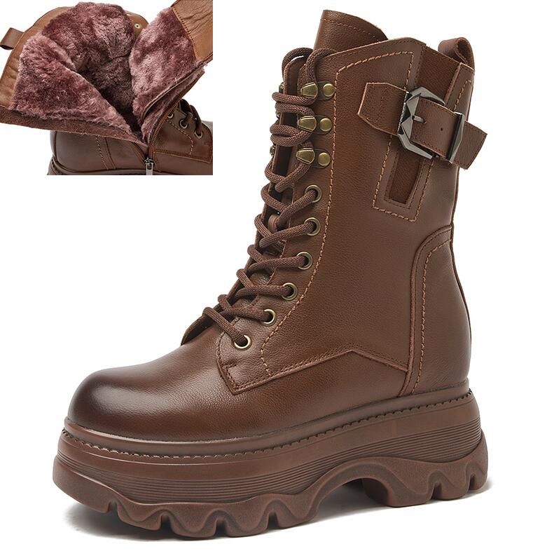 Fashion GKTINOO Retro Style Women High Heel Genuine Leather Mid-Calf Boots 2025 Autumn Winter Warm Platform Booties Zip Zapatos Mujer