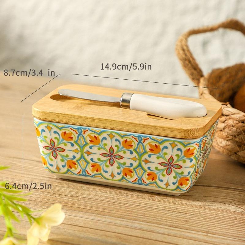 American Pastoral Style Ceramic Butter Container Box Restaurant Sealed Cheese Storage Box with Knife Bamboo Lid Butter Dish