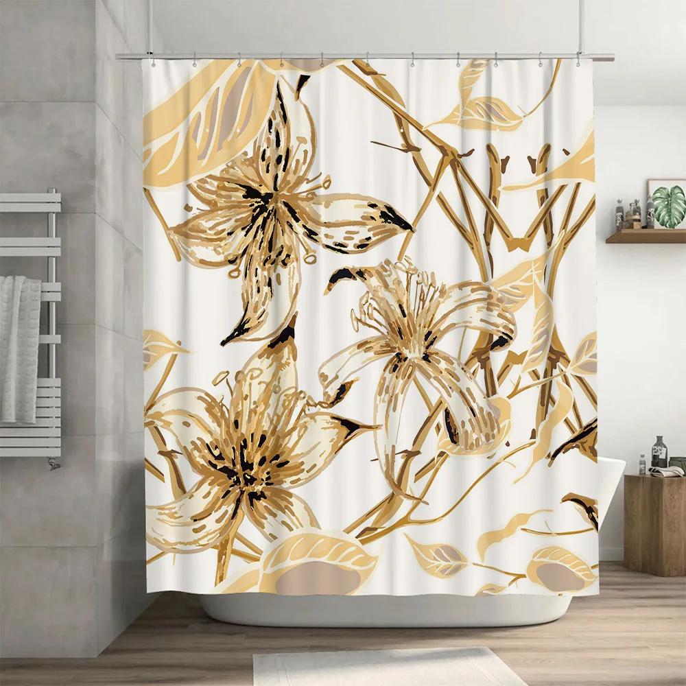 Luxury Floral Shower Curtain Modern Golden Bathroom Decor for Home Living Room Kitchen Waterproof Fabric in Various Sizes Availa