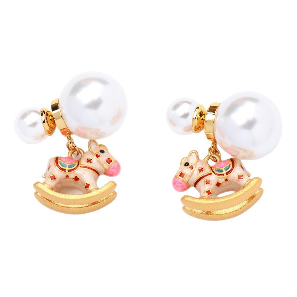 Childlike fashion exquisite color enamel Trojan horse pearl earrings retro light luxury versatile two wear women's silver needle earrings