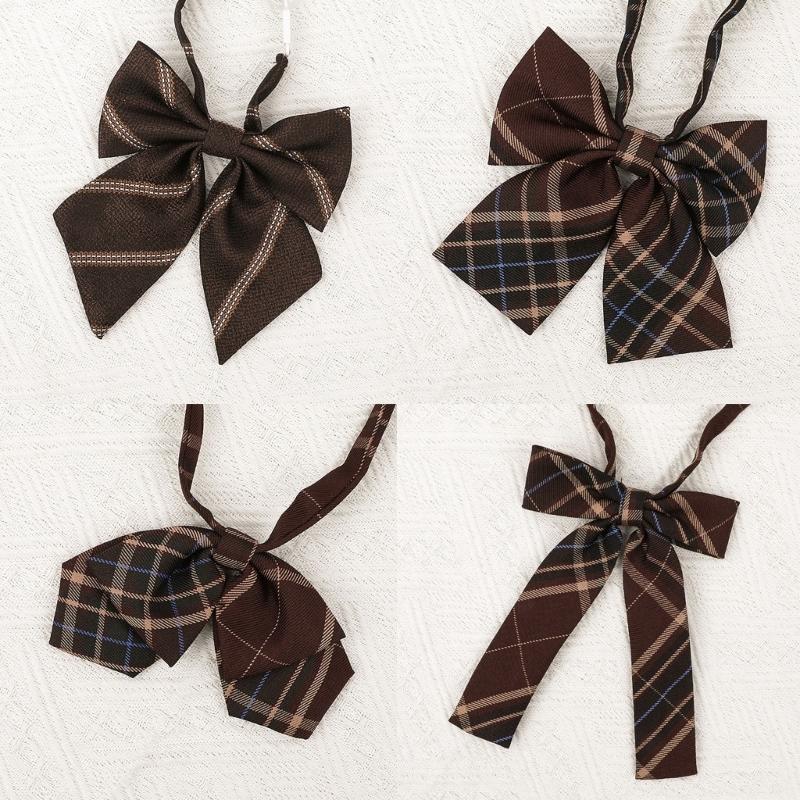 Brown Checkered Striped Neck Tie Pre-Tied Bowtie for Japanese JK School Uniform