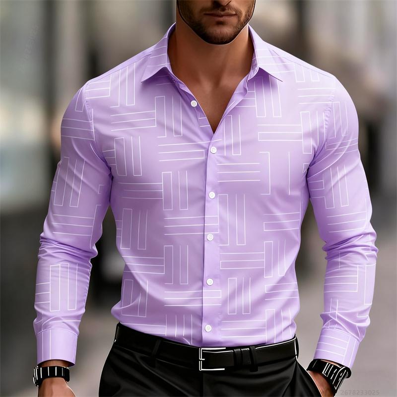 Men's Casual Long-Sleeve Slim Fit Black Geometric Pattern Breathable Versatile Formal Shirt Fashion Outdoor Men's Top
