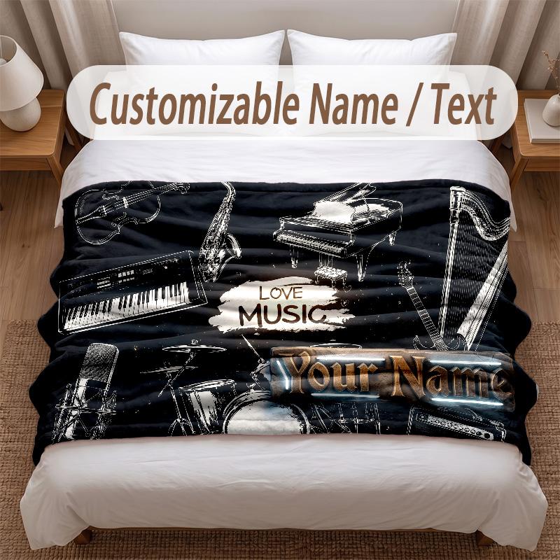 Music General Theme Soft Blanket Personalized Custom Name Text Print Warm Blanket Home Sofa Bedroom Decor