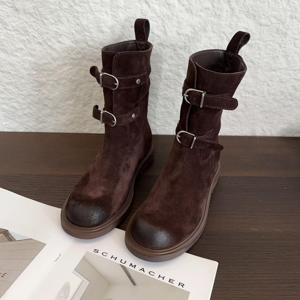 Sheepskin Version~ Retro Belt Buckle Wasteland Western Cowboy Boots Round Head Polished Short Boots Women's Thick-soled Knight Boots