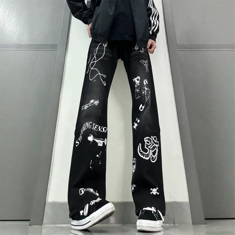 Mens Jeans Streetwear Vibes Slim Fit Loose Straight Leg Graffiti Fashion Denim Pants