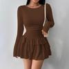 Elegantes Langarm Figurbetontes A-Linien-Stufenkleid mit Rüschen Neu Einfarbig Sexy Freizeit Party Abendkleider Damenmode Frühling Sommer Kleidung
