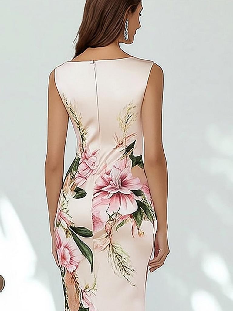 Women's Floral Digital Print Strappy V-Neck Wrap Dress with Zipper Back