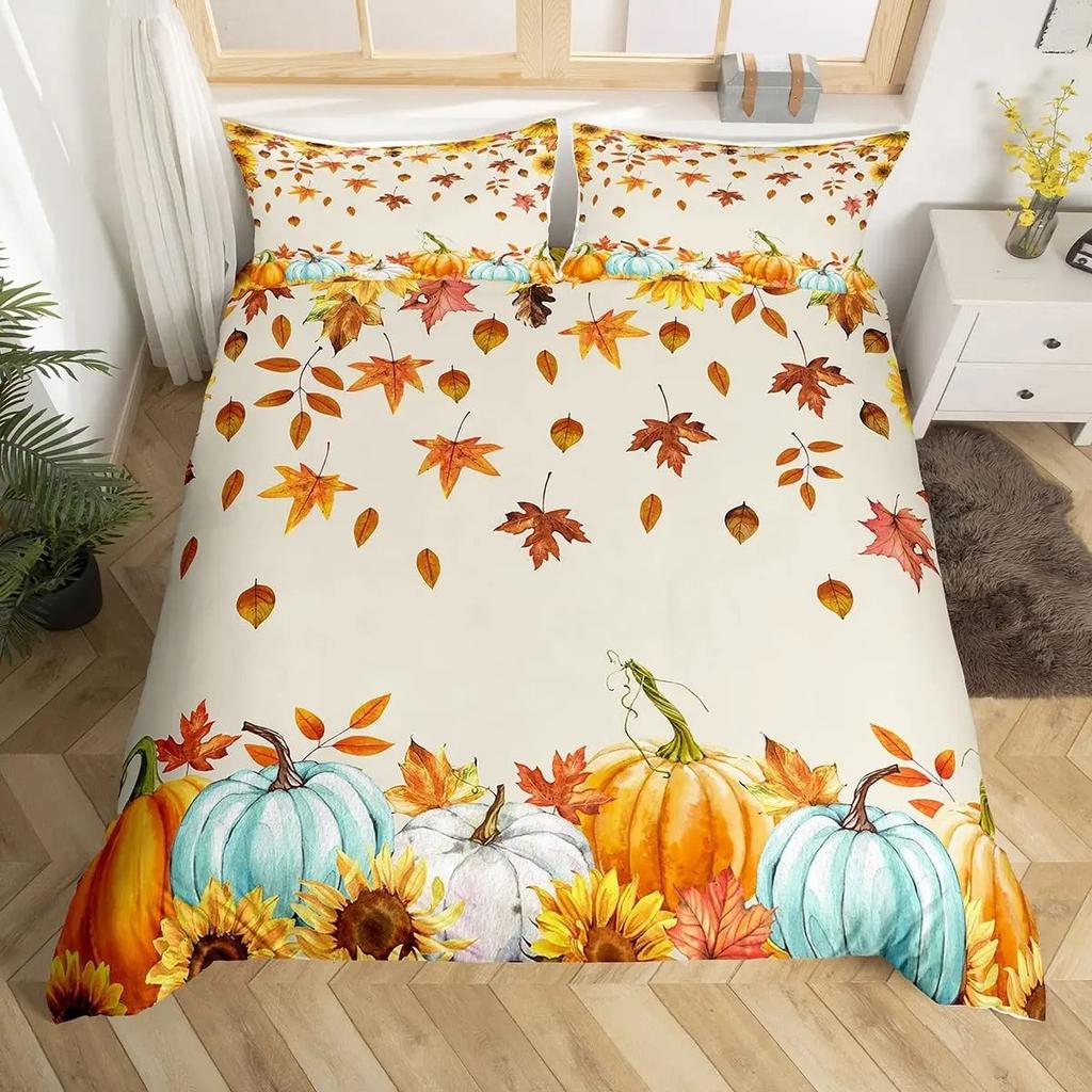 Autumn Maple Bedding Set Pumpkin Fall Comforter Cover Happy Thanksgiving Duvet Cover Farmhouse Room Decor Durable Quilt Cover