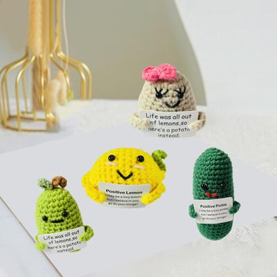 Cute Yarn Knitted Potato Doll Toy with Positive Card Mini Smiling Lemon & Cucumber Kimchi Hand Woven Doll Ornament Keychain Backpack Decoration