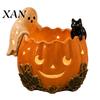 Hollow Starlight Shadow Lamp Halloween Pumpkin Candle Holder, Resin Ghost Black Cat Tea Light Vintage Distressed Glaze Craft Stand, Retro Decorative