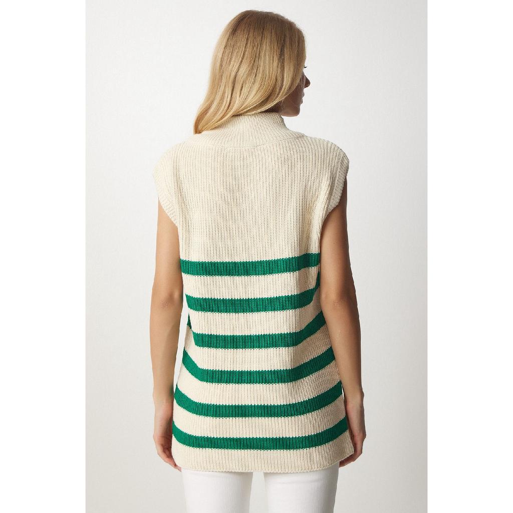 Women's Cream Black Zippered Collar Striped Sweater Mx00123