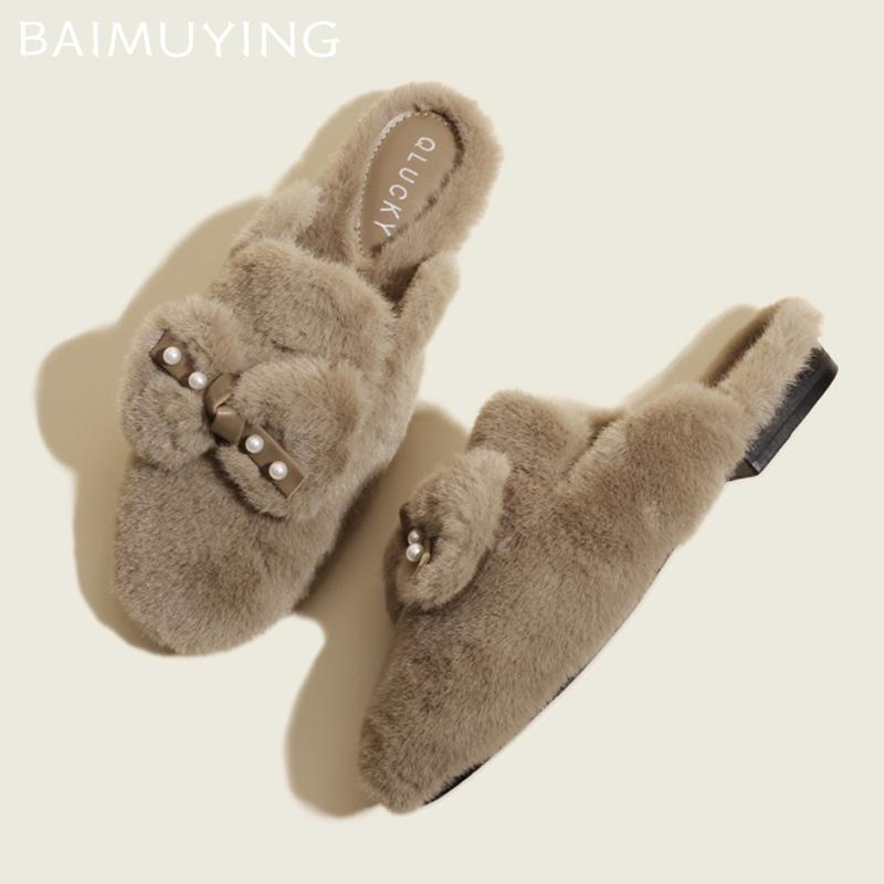Schleife Perle Damen Flauschige Hausschuhe Fell Kurzer Plüsch Designer Baumwolle Pantoletten Schuhe 2025 Trend Winter Lässig Warm Zuhause Schnee Stiefel Frau