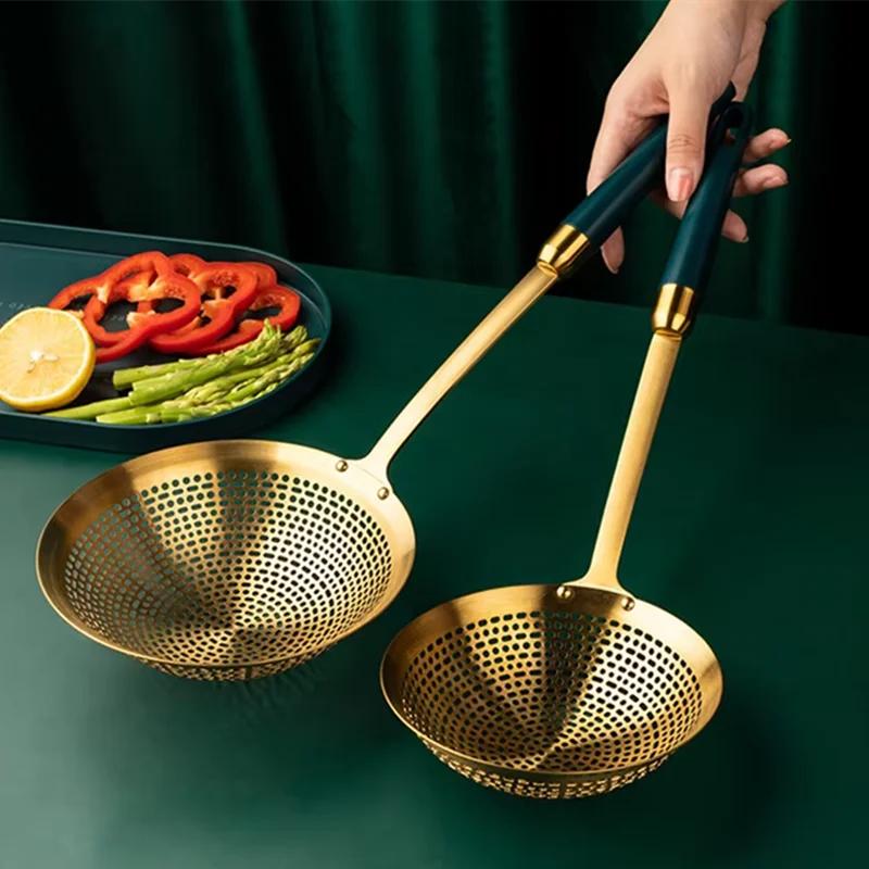 1PCS 304 Stainless Steel Large Colander with Green handle Frying Oil Leaking Hot Pot Noodle Mesh Drain Scoop Kitchen Tools