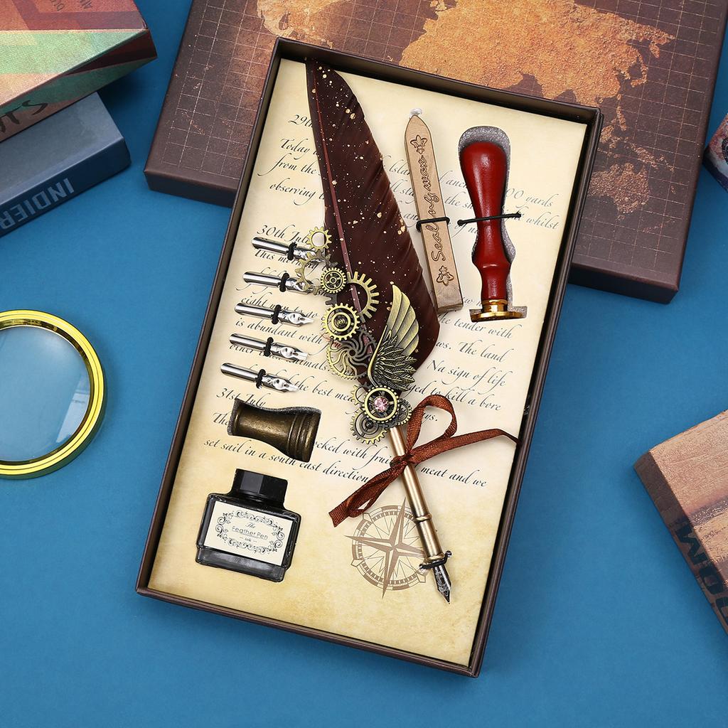 Retro Feather Pen Mechanical Feather Pen Steampunk Dip Pen Qixi Festival Gift Box Set Gift