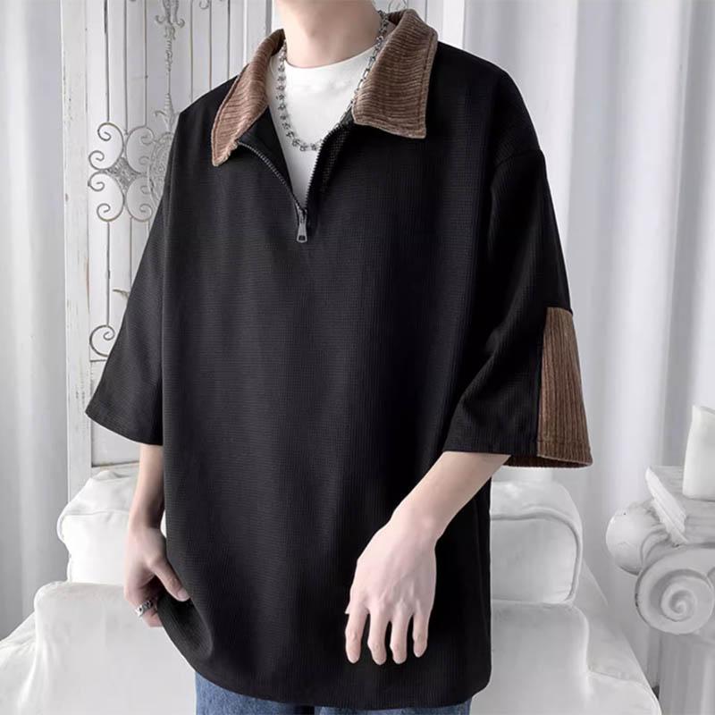 INCERUN Men Oversized Zipper Lapel Half Sleeve Loose Tops Summer Patchwork T-shirts